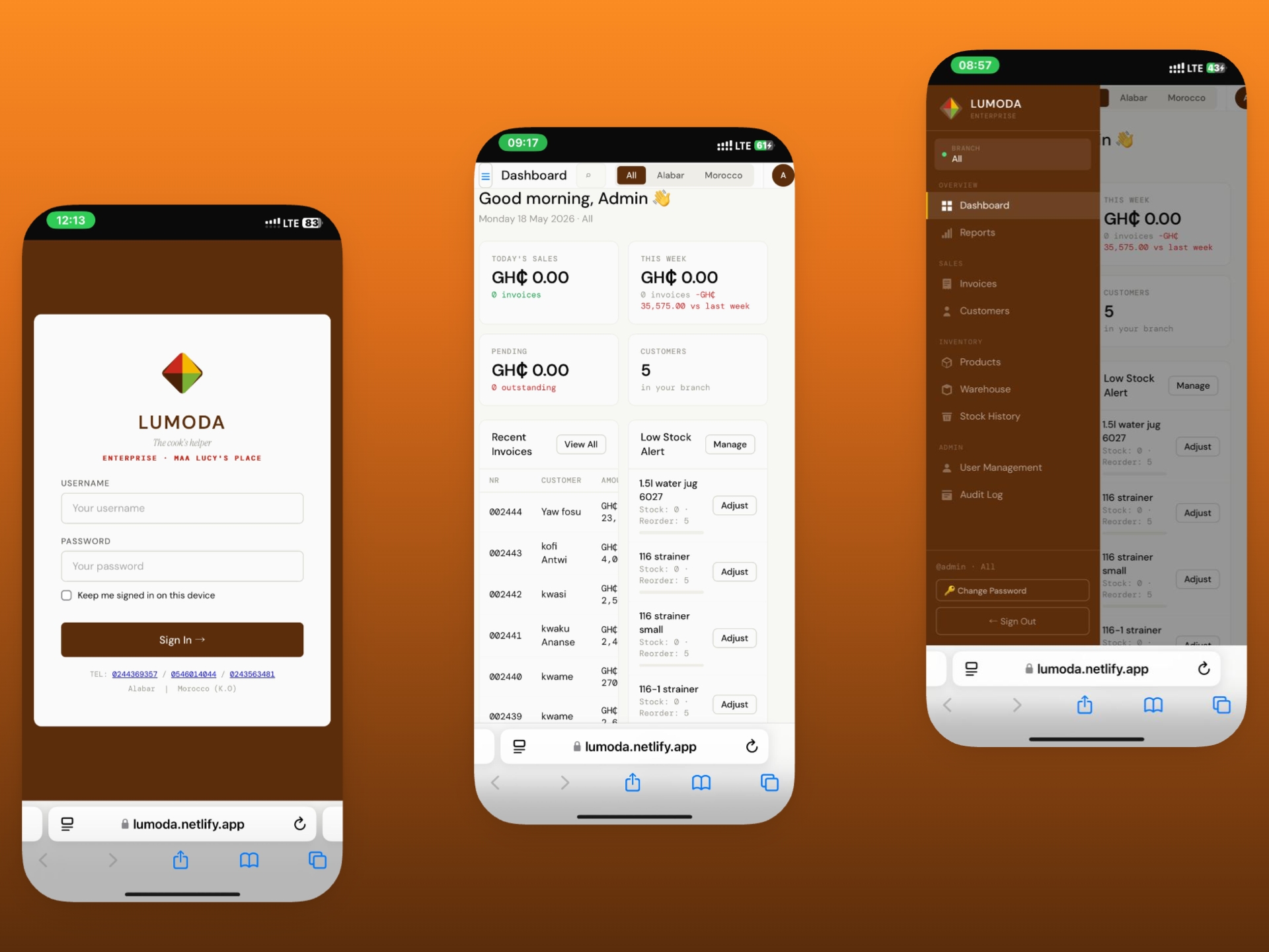 Lumoda Enterprise — login screen, dashboard and sidebar views
