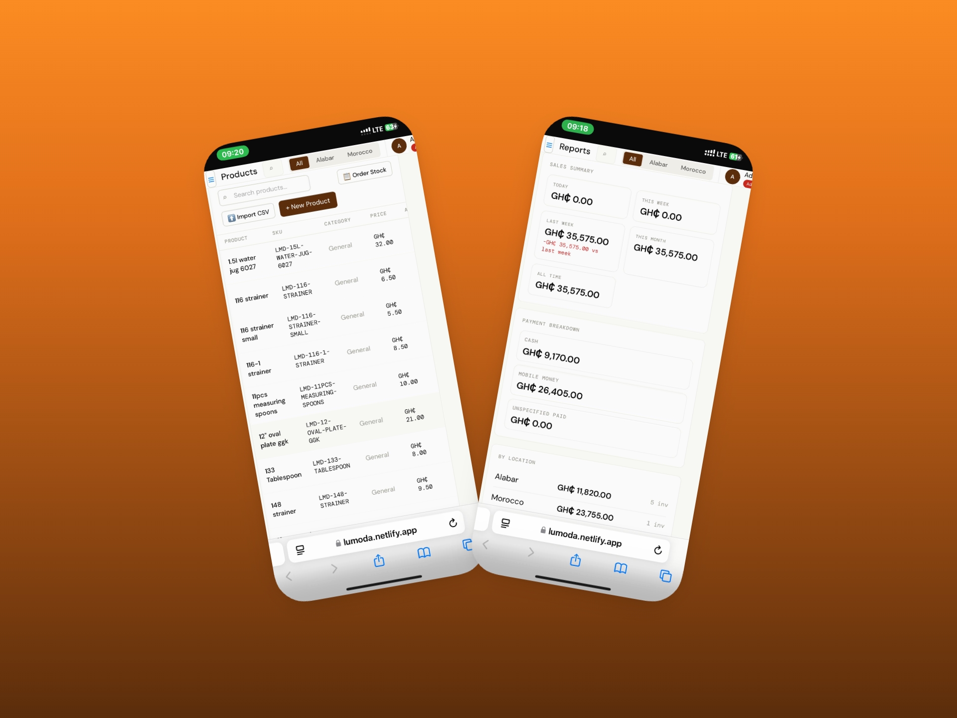 Lumoda Enterprise — products list and sales reports by location