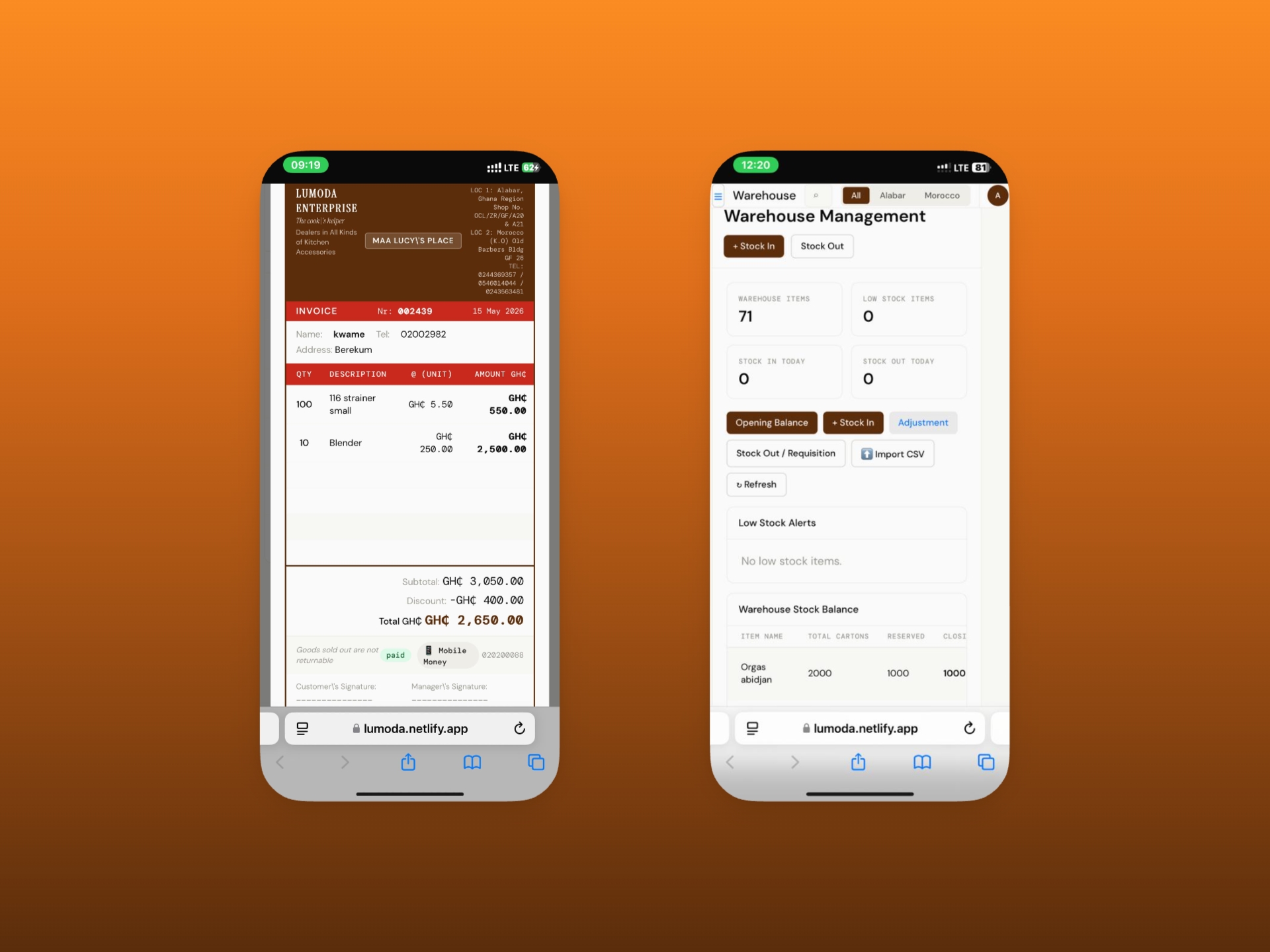 Lumoda Enterprise — invoice view and warehouse management